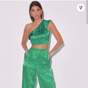 Euphoria Green Satin Jacquard One-Shoulder 2-Piece Jumpsuit NWT Lulus